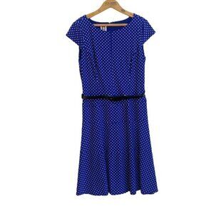 Anne Klein Blue White Polka Dot Cap Sleeve Dress Size 10 Jersey Belted Stretch